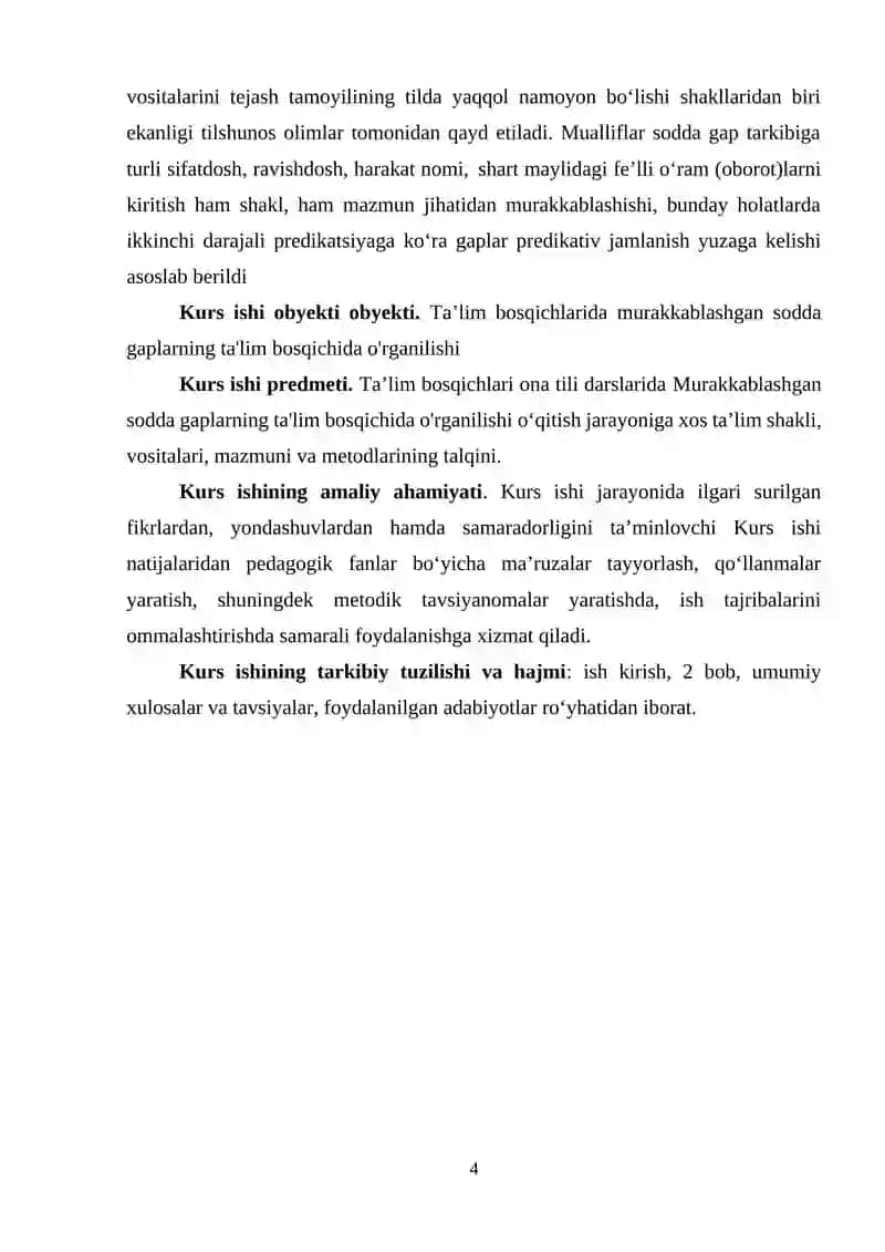 Murakkablashgan sodda gaplarning ta'lim bosqichida o'rganilishi KURS ISHI 4