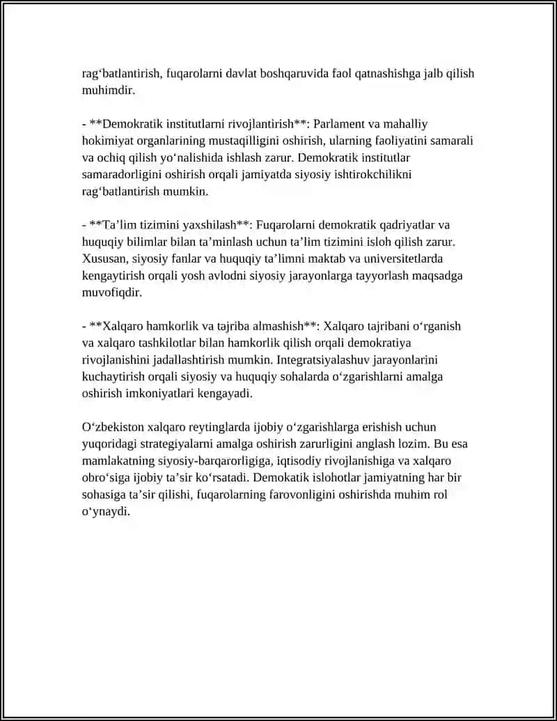 SIYOSIY-HUQUQIY SOHADAGI USTUVOR HALQARO REYTINGLAR VA ULARGA OʻZBEKISTONNING INTEGRATSIYALASHUVI 4