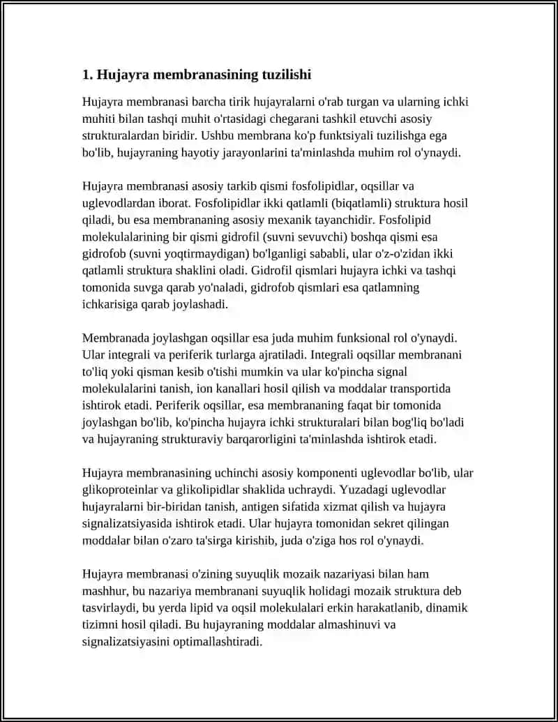 MUSTAQIL ISH Mavzu: HUJAYRA MEMBRANASINING TUZILISHI VA FUNKSIYASI 4