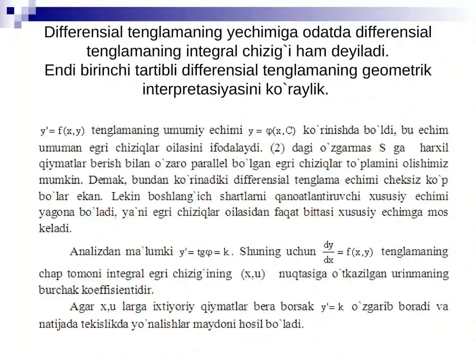 Birinchi tartibli differensial tenglamaning maxsus yechimi. Klero tenglamasi. 4