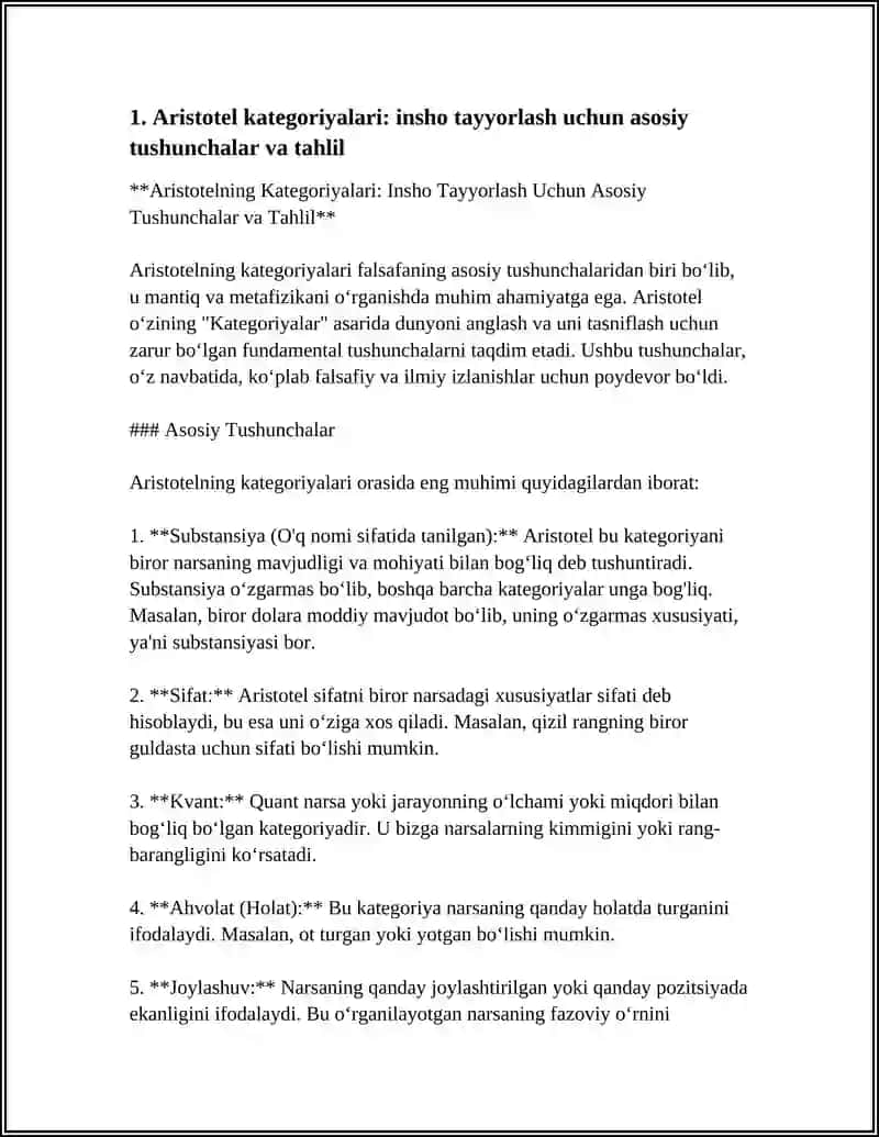 Aristotel kategoriyalari: insho tayyorlash uchun asosiy tushunchalar va tahlil 4
