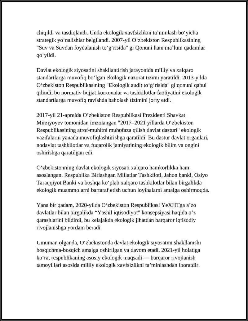 MUSTAQILLIK YILLARIDA EKOLOGIYA SOHASIDA AMALGA OSHIRILGAN ISLOHOTLAR 4