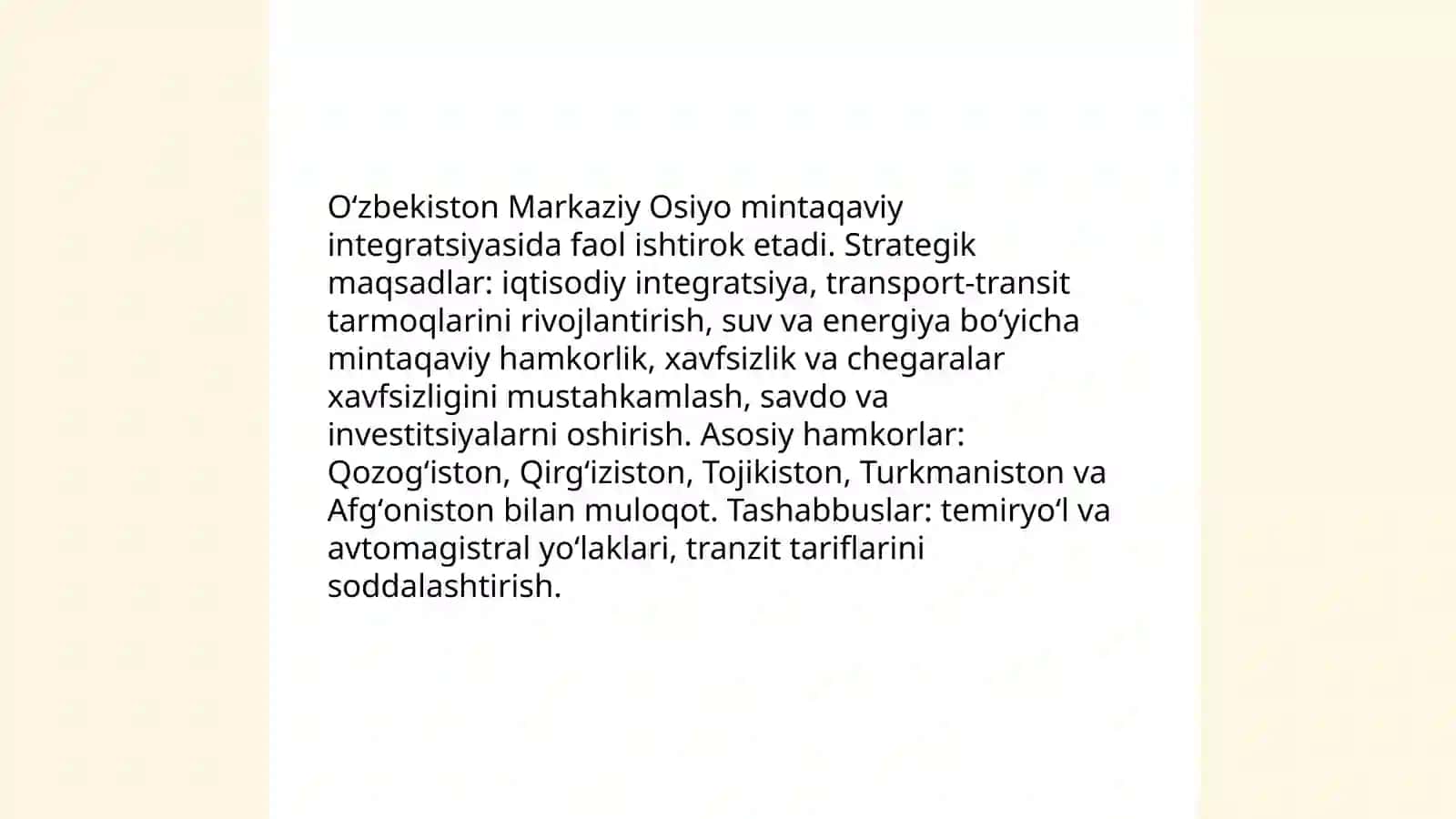 Oʻzbekistonning integratsion jarayonlardagi ishtiroki 4