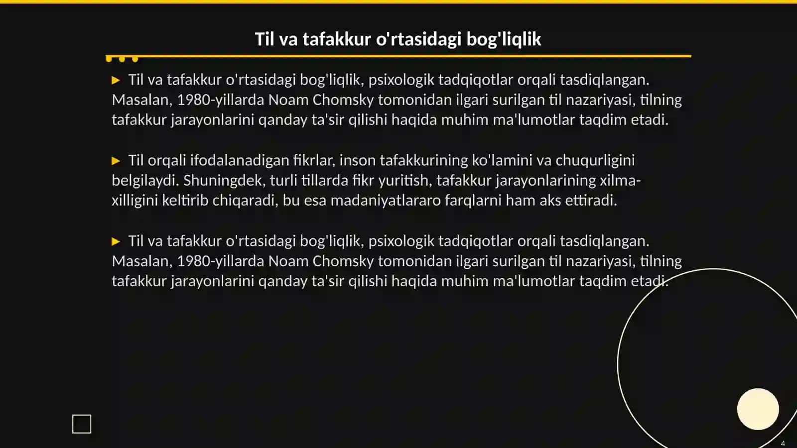Tafakkur va til o'rtasidagi o'zaro bog'liqlikni tahlil qiling 4