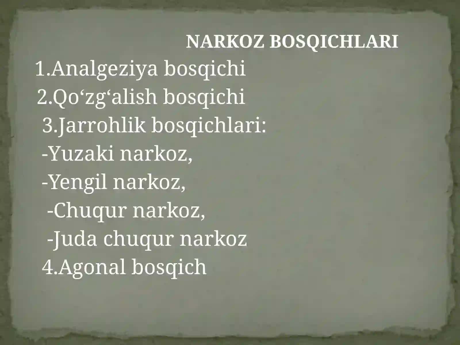Narkoz vositalari. Etil spirti. Uxlatuvchi vositalar. Alkogolizm va uning asoratlari 4