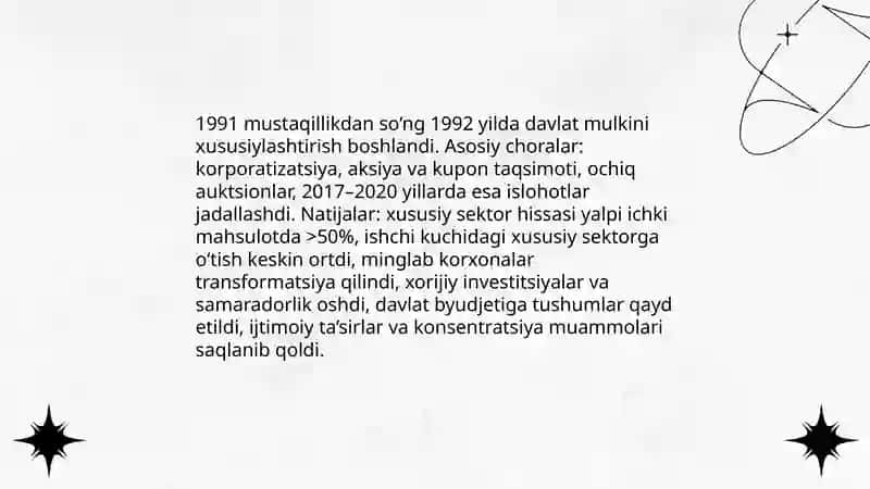 O'zbekistonda iqtisodiyot islohotlarining amalga oshirilishi bozor munosabatlarining shakillanishi 4