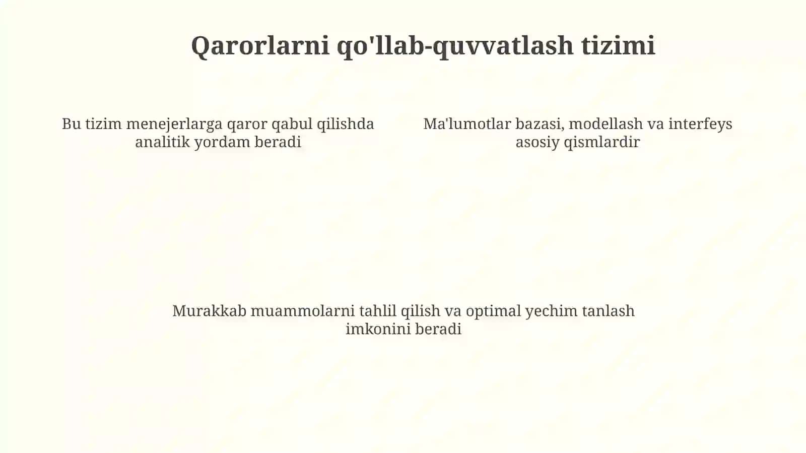 Qarorlarni qo'llab-quvvatlash tizimlari va prognozlash usullarini yaratish uchun axborot texnologiyalari 4
