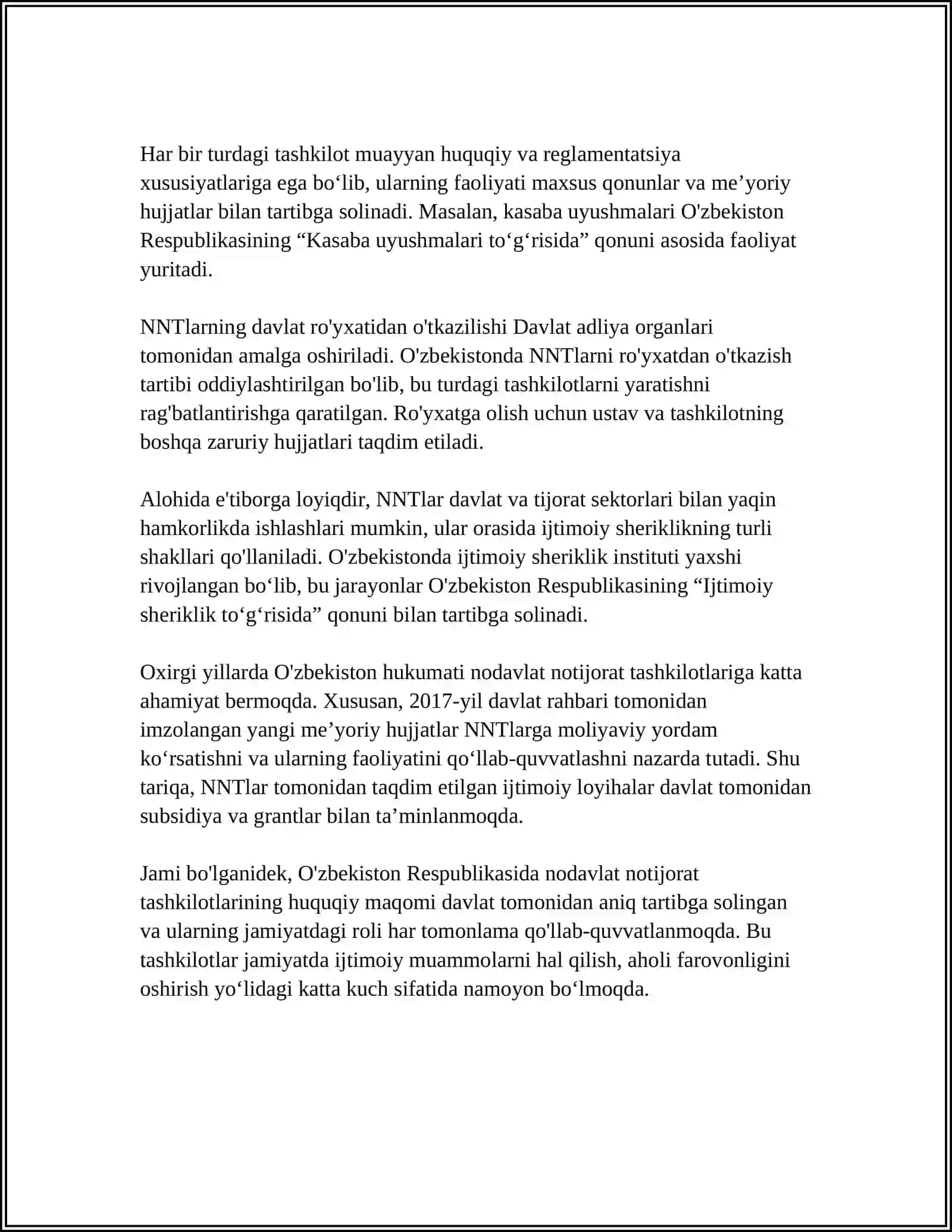 MUSTAQIL ISH Mavzu: OʻZBEKISTONDA NODAVLAT NOTIJORAT TASHKILOTLARINI FAOLIYATI 4