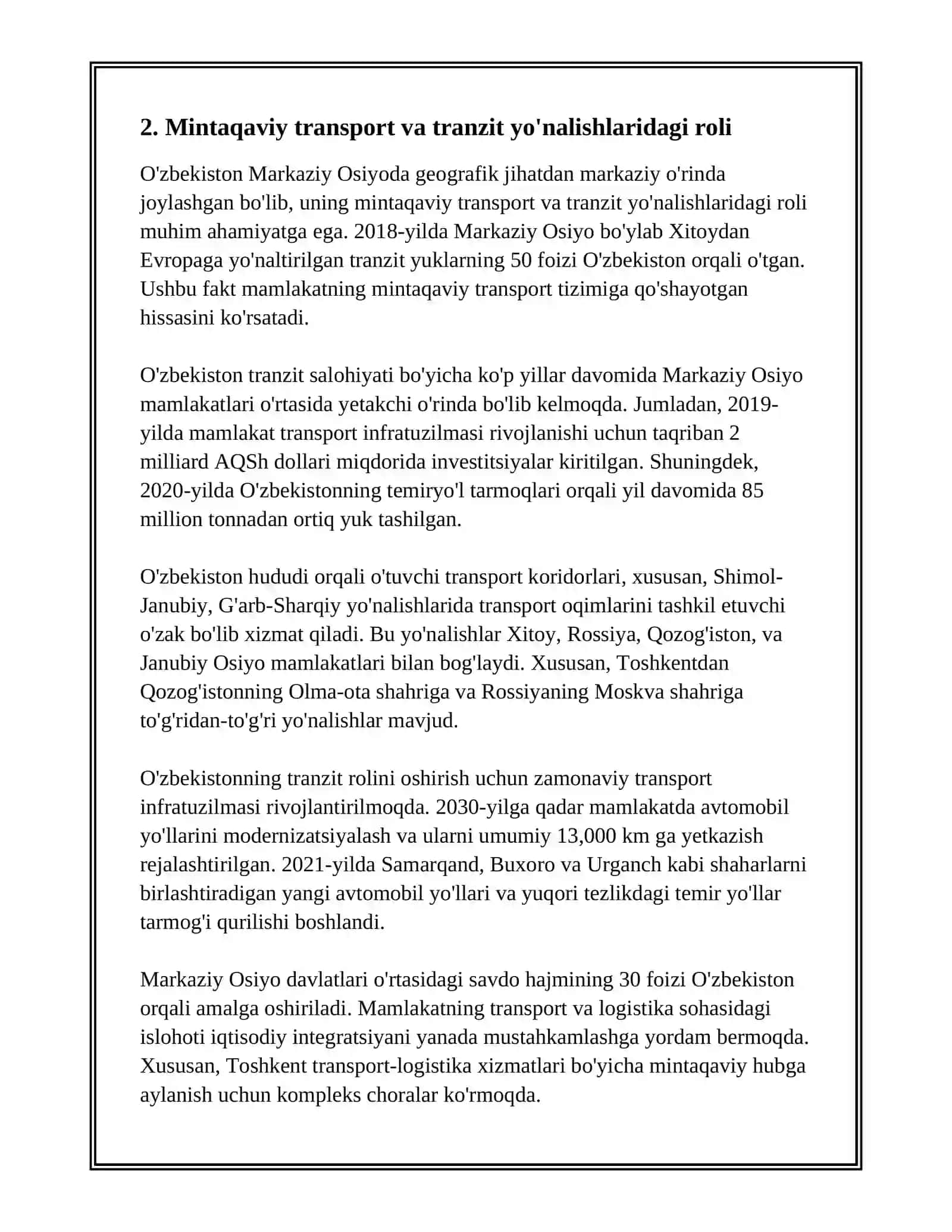 O'ZBEKISTONNING MARKAZIY OSIYO MINTAQASIDAGI O'RNI VA AHAMIYATI 4