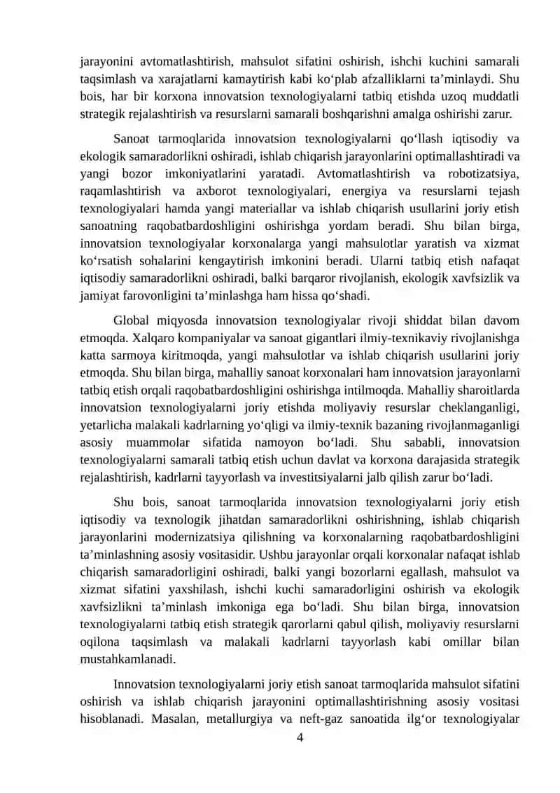 Innovatsion texnologiyalarni sanoat tarmoqlariga joriy etish 4