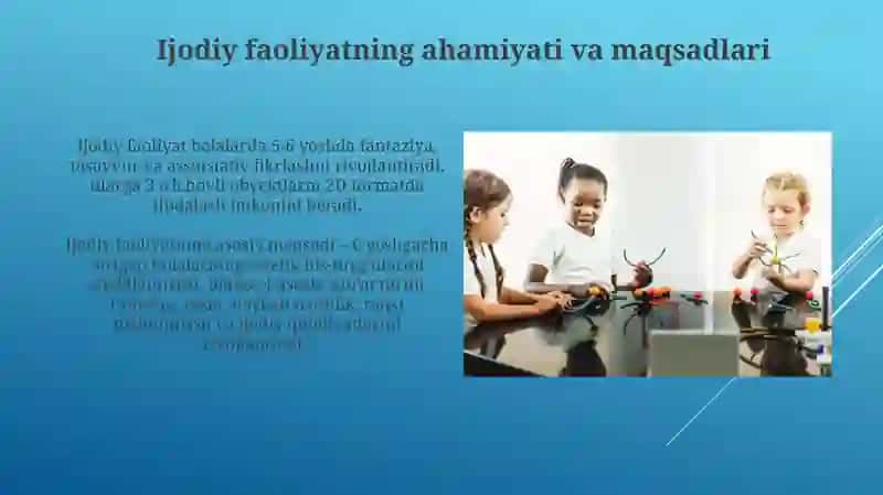 Maktabgacha ta'lim bolalar ni ijodiy faoliyatini tashkil qilish texnologiyasi (tayyorlov guruhi) 4