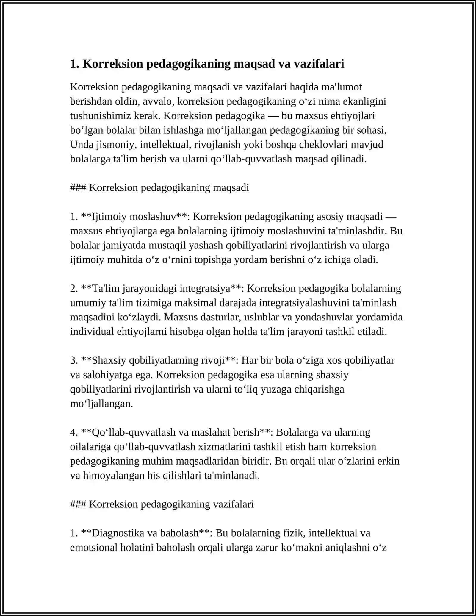 KORREKSION (MAXSUS) PEDAGOGIKANING ASOSIY VAZIFALARI, TAMOYILLARI VA METODLARI 4