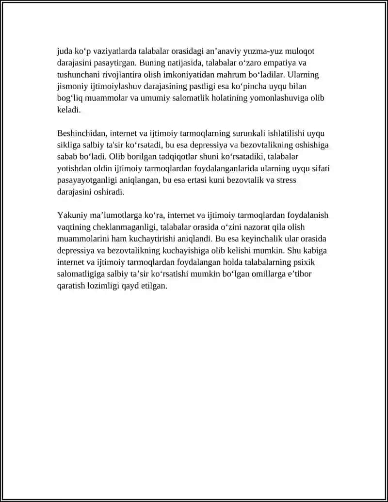 INTERNET VA IJTIMOIY TARMOQLARNING TALABALARNING PSIXIK SALOMATLIGIGA TAʼSIRI 4