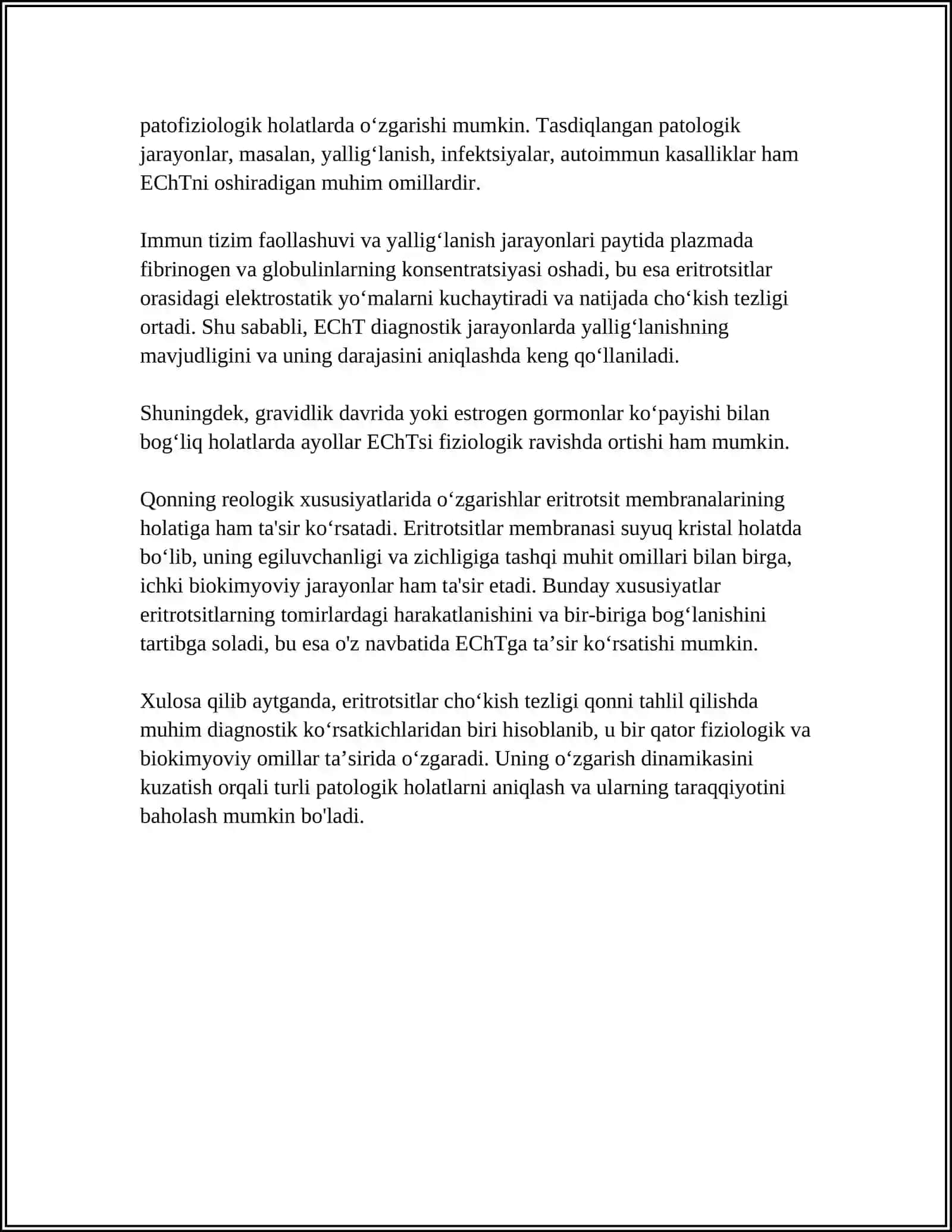 ERITROTSITLAR CHOʻKISH TEZLIGI. FRANK MODELI. HUJAYRA BIOFIZIKASI. MEMBRANANING SUYUQ KRISTAL HOLATI. NERV IMPULSINING TARQALISHI. ELEKTROKINETIK HODISALAR. KOʻRISH BIOFIZIKASI 4