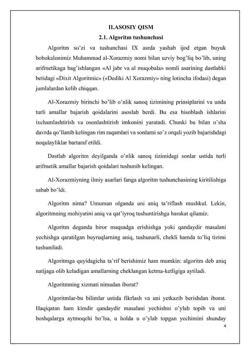 Algoritm tushunchasi va uning xarakterli xususiyatlari 4