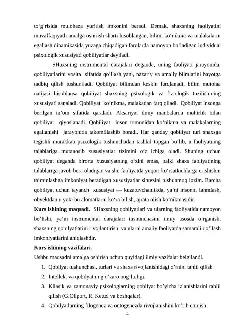 SHaxsning instrumental darajalari. Qobilyatlar haqida tushuncha. 4