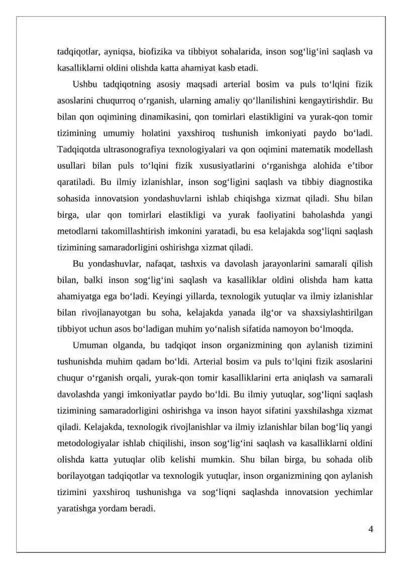 Arterial bosimni aniqlashning fizik asoslari. Puls toʻlqini 4