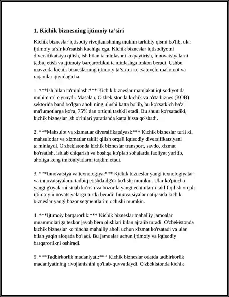 Referat "Kichik Biznes va Xususiy Tadbirkorlikning Aholini Ish Bilan Ta'minlash va Yangi Ish Orinlari Yaratishdagi roli" 4