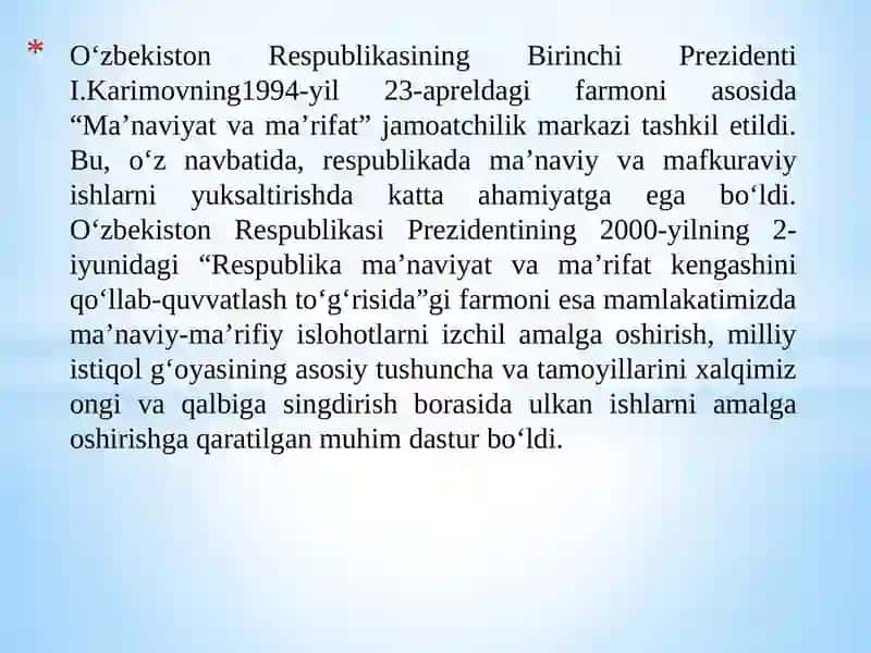 Mustaqillik yillarida O‘zbekistonda ma’naviy va madaniy tarqqiyot 4