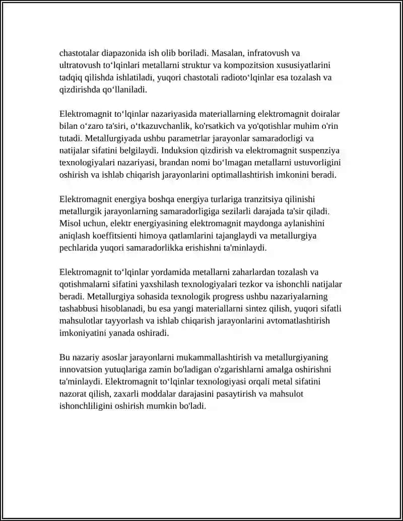 ELEKTROMAGNIT TOʻLQINLAR VA ULARNING METALLURGIYA VA METROLOGIYA DA QOʻLLANILISHI 4
