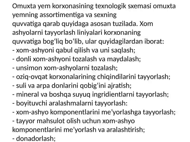 Omuxta yem korxonasida texnologik jarayonlarning sxemasini tuzish 4