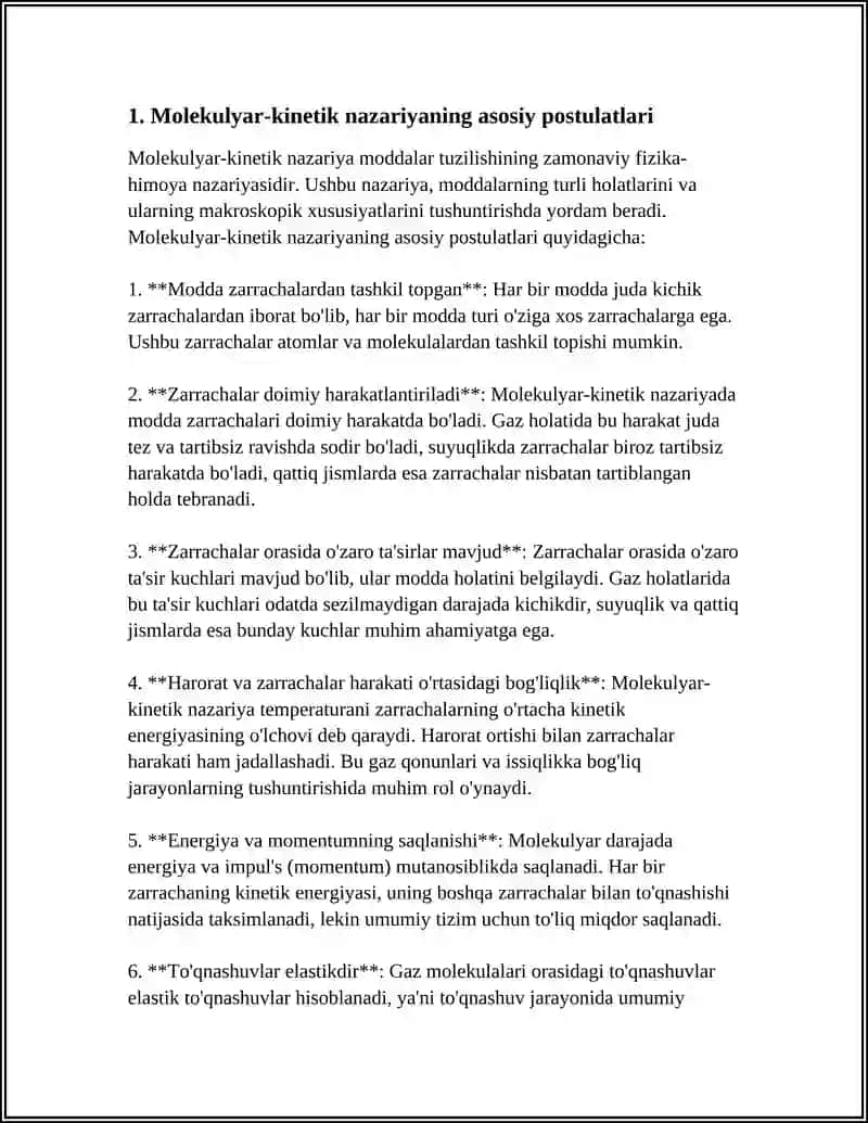 MOLEKULYAR - KINETIK NAZARIYASINING ASOSIY QOIDALARI.MOLEKULALARNING MASSASI VA OʻLCHAMLIGI 4