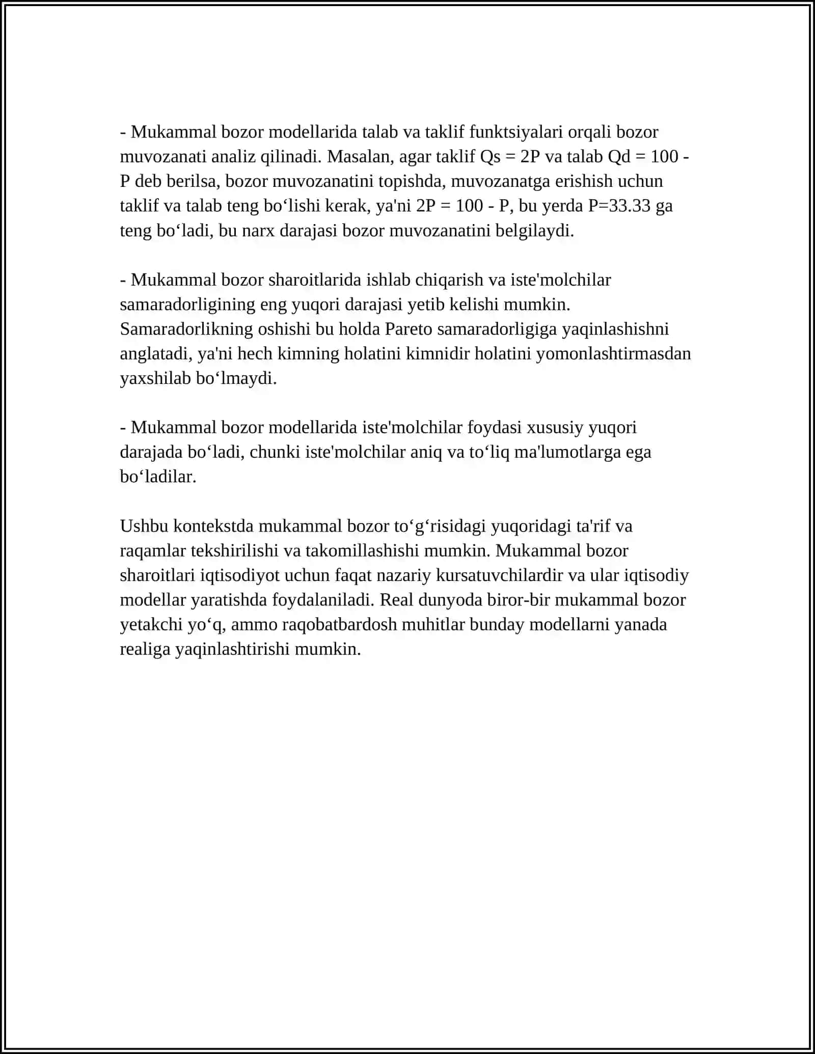 MUKAMMAL BOZOR VA MONOPOLIYA. MONOPOLISTIK RAQOBAT VA OLIGAPOLIYA 4