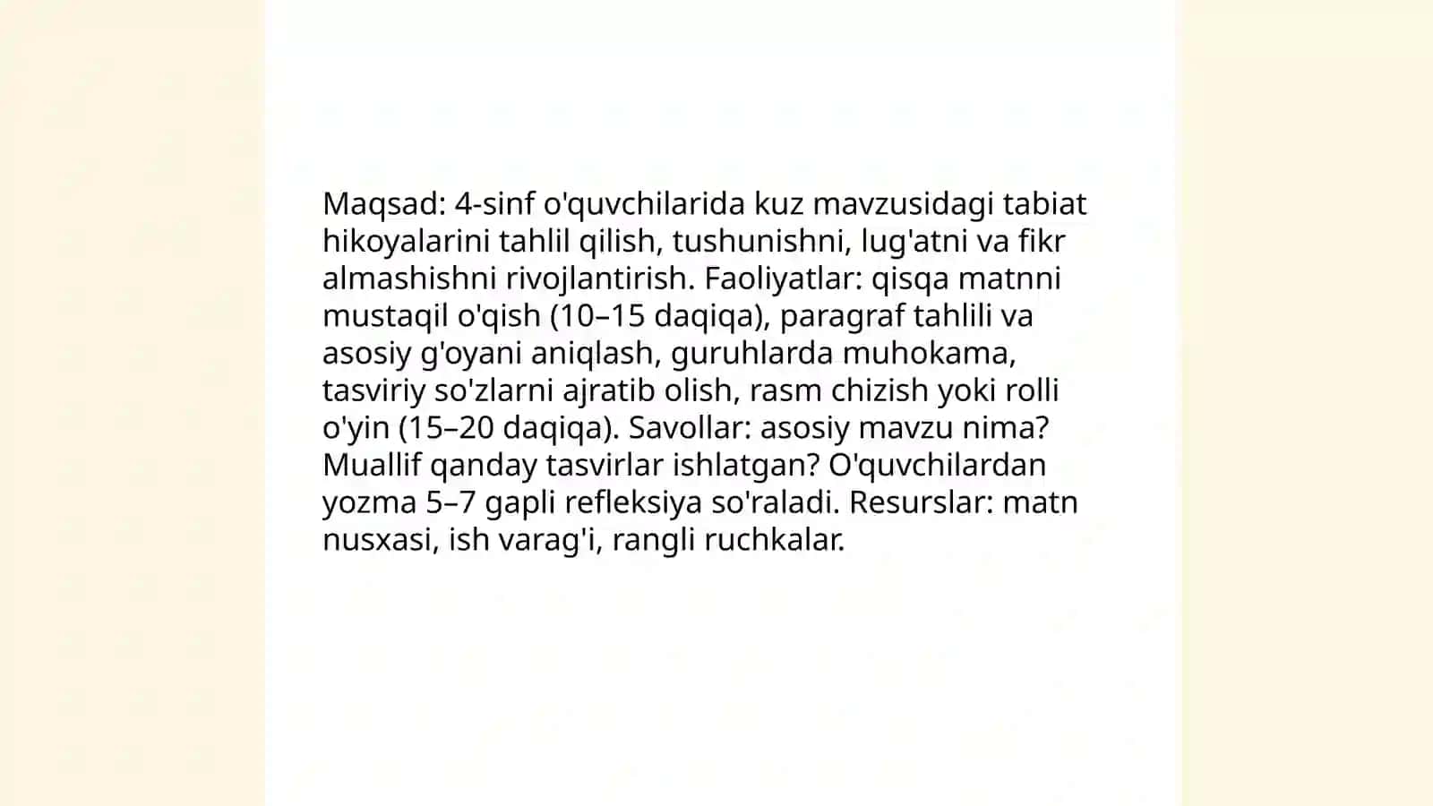 Sinfdan tashqari o'qish darsi namunasini ishlab chiqish (4-sinf) 4