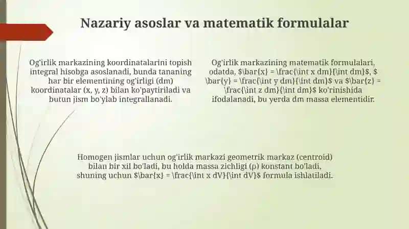 Oddiy shaklli baʼzi bir jinsli jismlarning ogʻirlik markazini aniqlashga doir masala 4