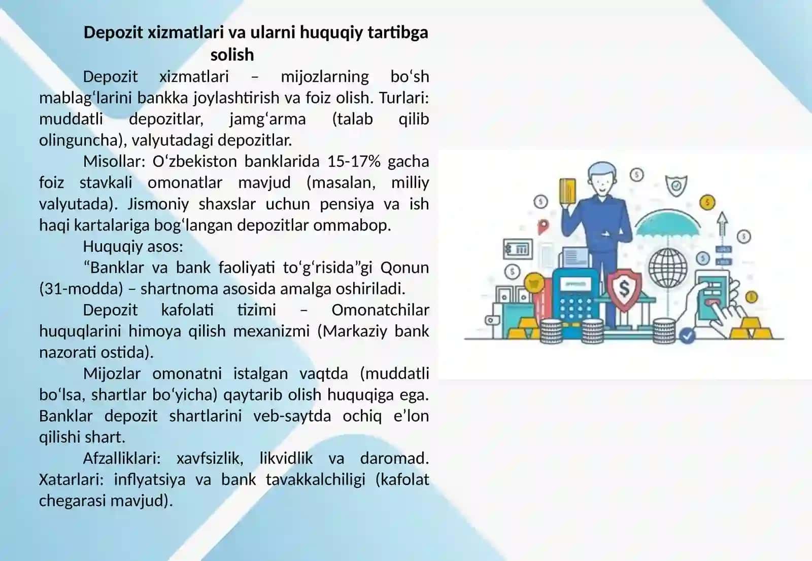 Mijozlarga koʻrsatilgan bank xizmatlarning boshqa turlari va ularni huquqiy tartibga solish 4
