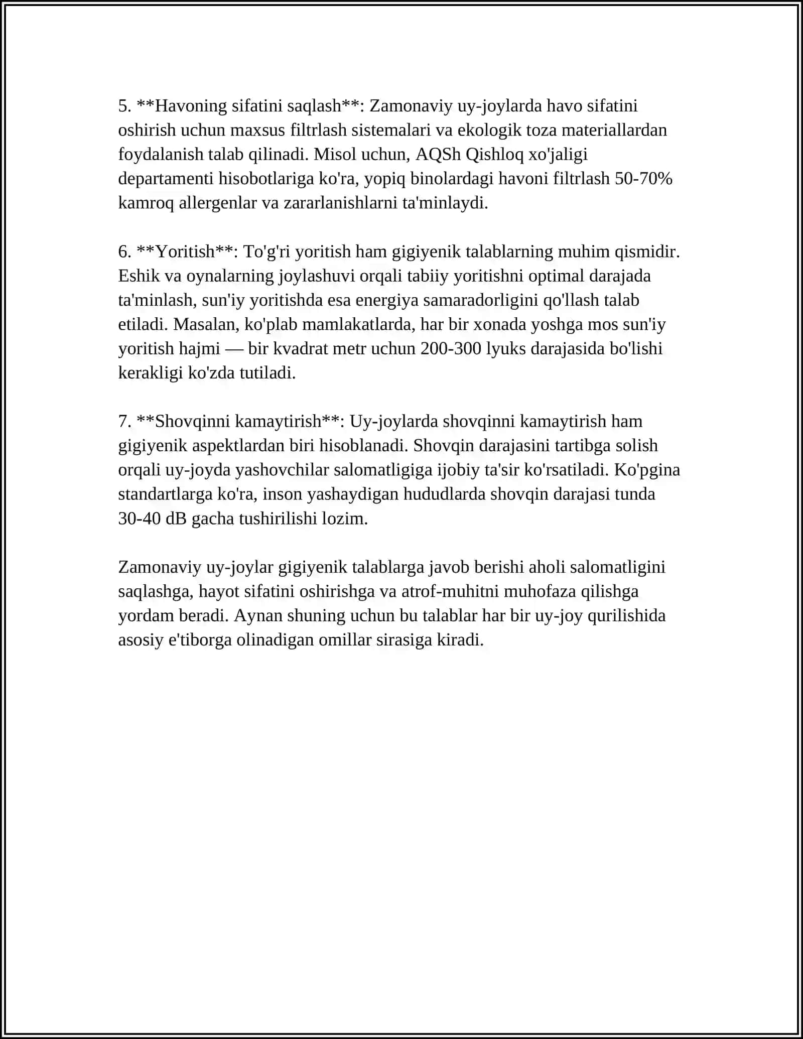 ZAMONAVIY TURAR-JOYLAR VA SHAHARLARDAGI YASHASH MAVZELARIGA BO‘LGAN GIGIYENIK TALABLAR 4