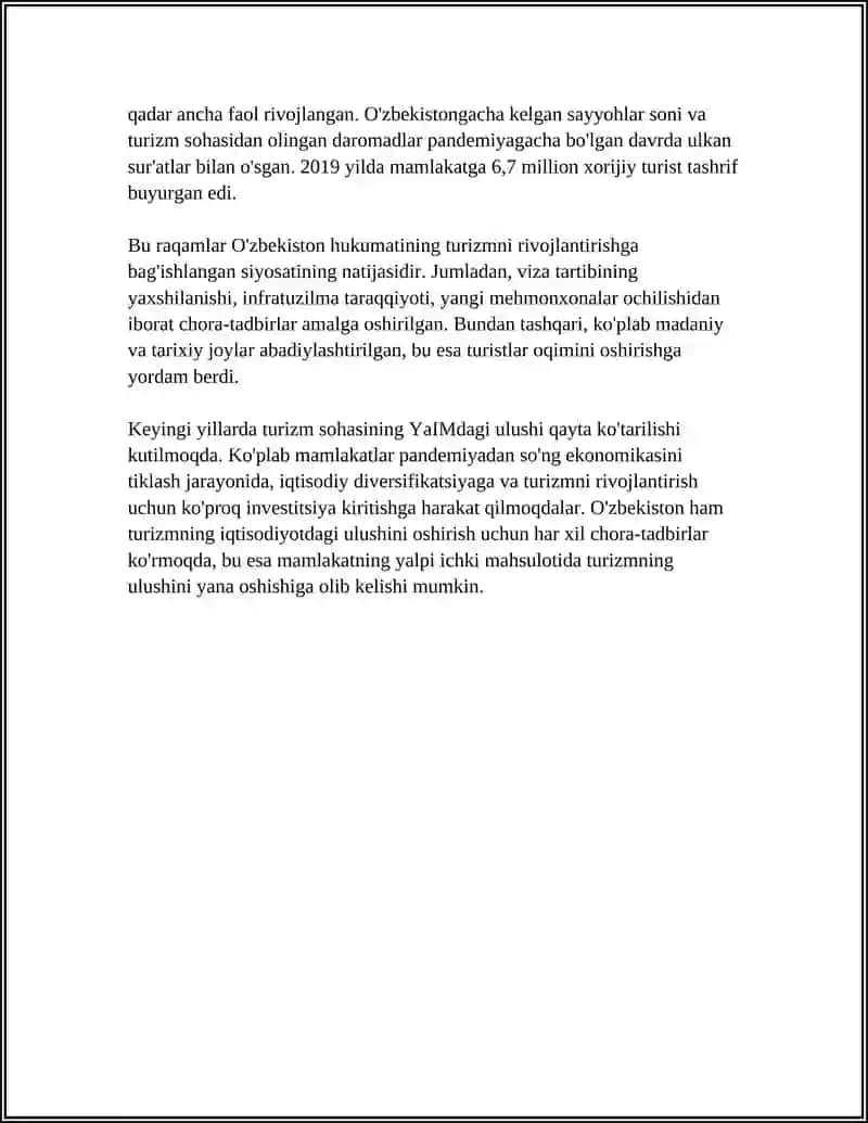 TURIZM TARMOGʻINING IQTISIYOTDAGI ROLI VA UNING BOSHQA SEKTORLARGA TA’SIRI 4
