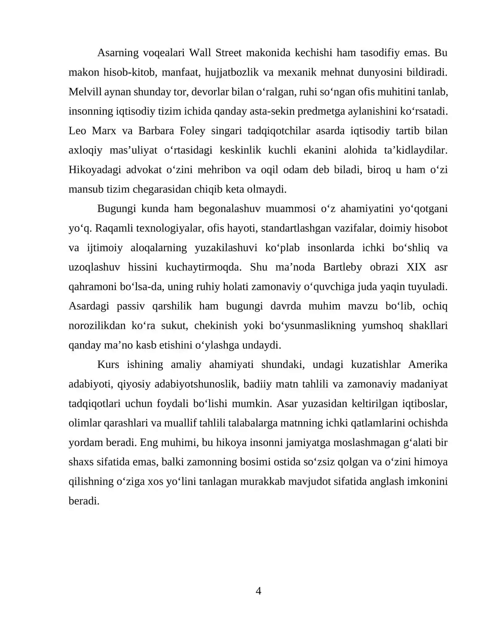 “HERMAN MELVILLNING “BARTLEBY, THE SCRIVENER” ASARIDA BEGONALASHUV VA PASSIV QARSHILIK G‘OYASI” KURS ISHI 4