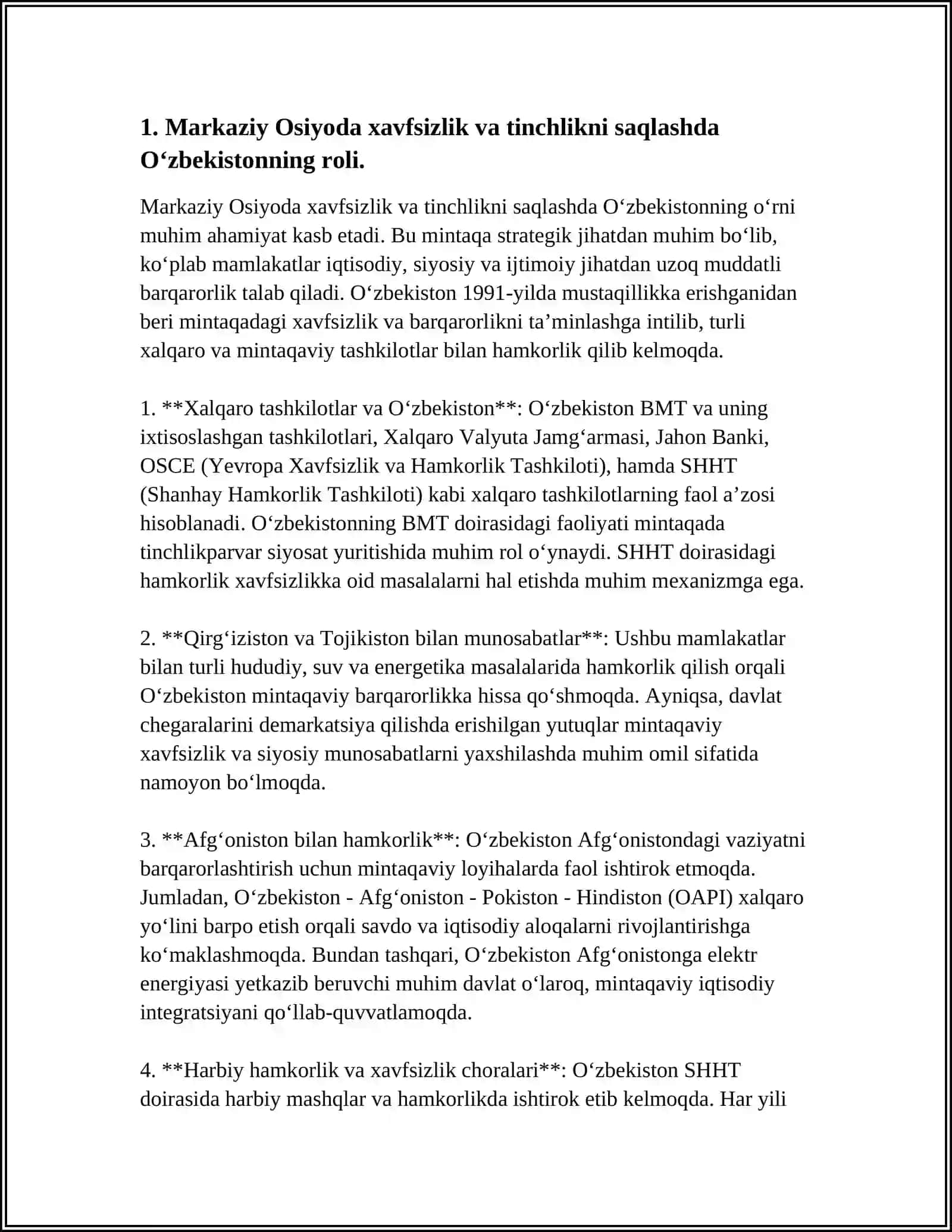 O'ZBEKISTONNING MARKAZIY OSIYODA TINCHLIK VA BARQARORLIKNI TA'MINLASHDAGI O'RNI 4