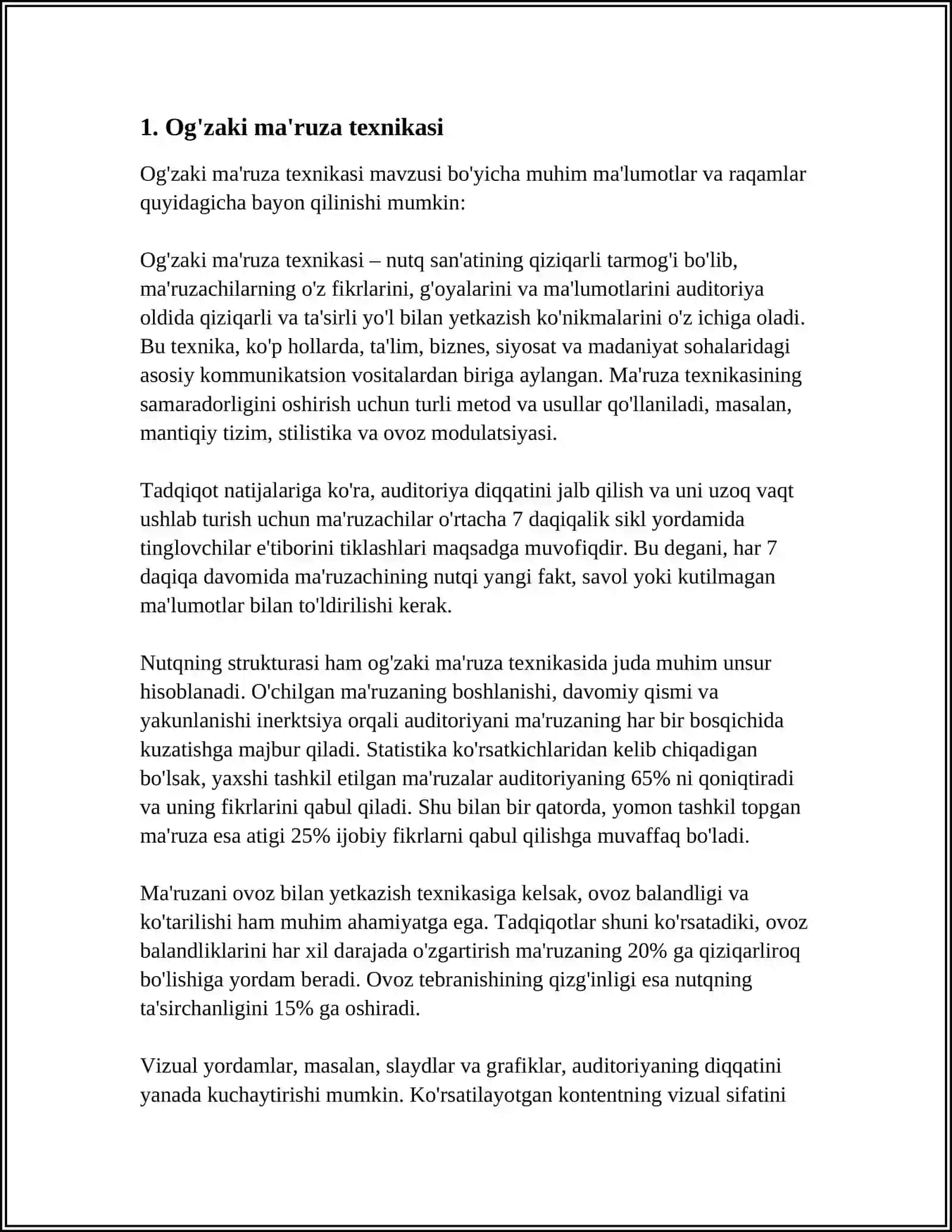 OGʻZAKI MAʼRUZA TAYYORLASH, ILMIY VA BADIIY MATNLARNI TAHRIR QILISH, TURLI USLUBLARGA DOIR MATNLARNI TAHLIL QILISH, PUBLITSISTIK MAQOLA TAYYORLASH, RASMIY AXBOROT TAYYORLASH, REKLAMA MATNLARNI YOZISH 4