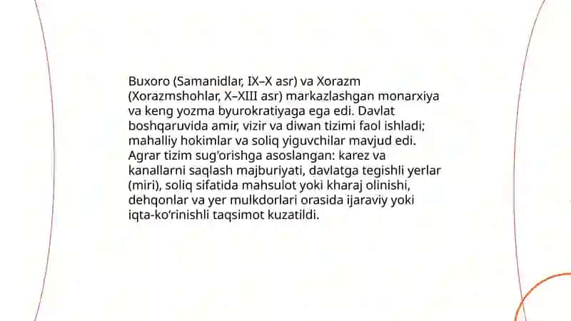 O'zbek davlatchiligi tarixi: yurtimizdagi eng qadimgi davlatlar. O'zbek davlatchiligi tarixi: O'rta asrlar davlatchiligi va ularning ijtimoiy iqtisodiy rivojlanishi 4