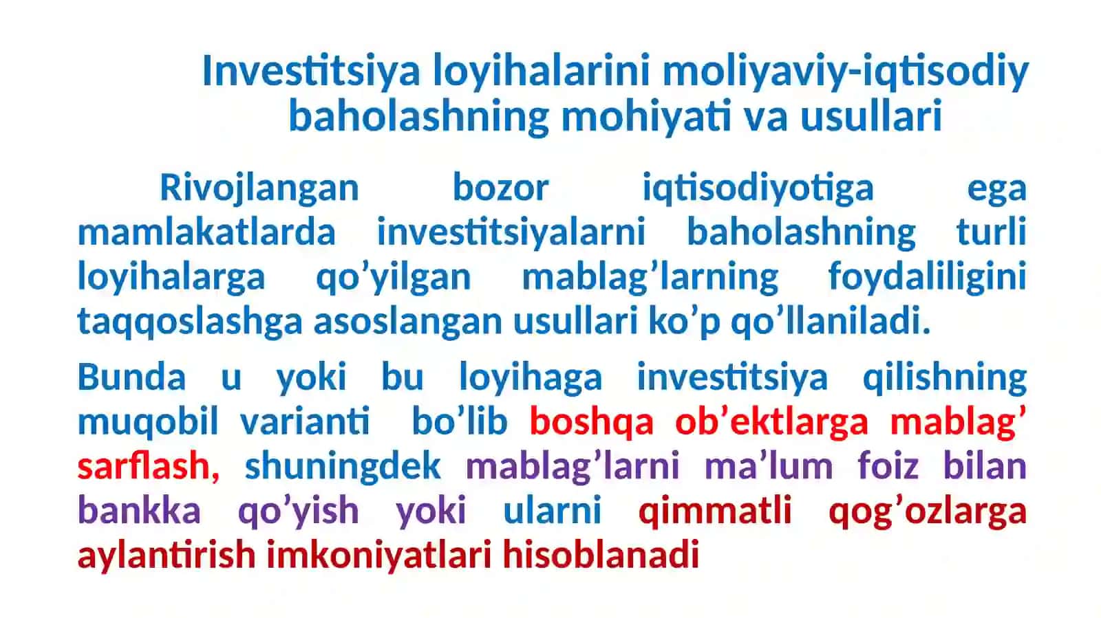 Invеstitsiyalоyihаlarini moliyaviy-iqtisodiy baholashning asosiy usullari 4