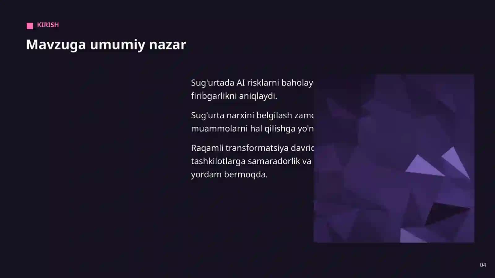 Sug'urta narxini belgilash — amaliy joriy etish 4