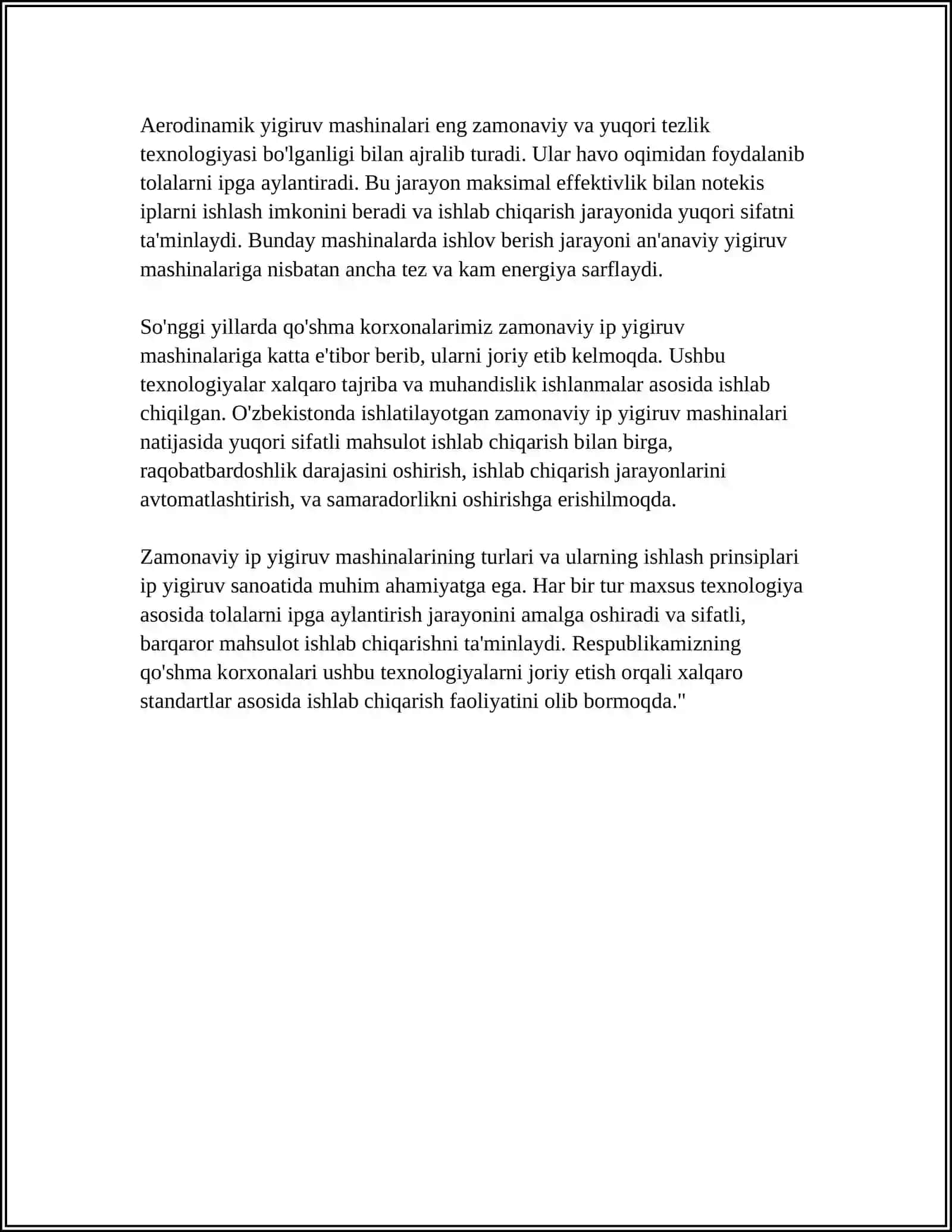 RESPUBLIKAMIZ QO'SHMA KORXONALARIDA O'RNATILGAN ZAMONAVIY IP YIGIRUV MASHINALARI TO'G'RISIDA ASOSIY MA'LUMOTLAR 4