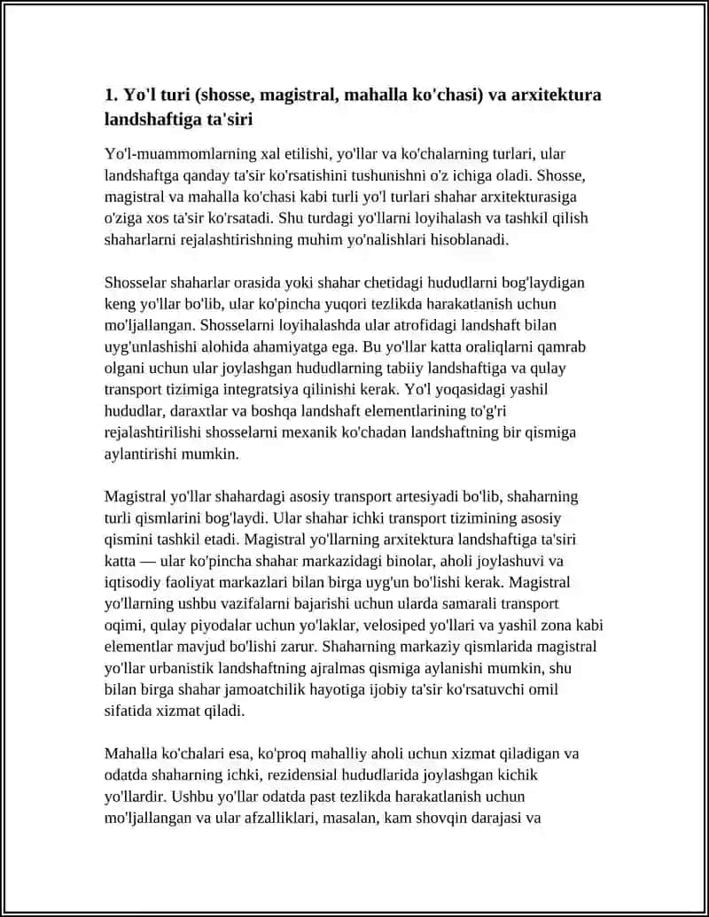 SHAHAR KOʻCHALARI VA YOʻLLARINI ARXITEKTURAVIY LOYIHALASH USULLARI YOʻLNING TURI VA UNING ARXITEKTURAVIY LANDSHAFT SIFATIDA TASHKIL ETILISHGA TASIRI 4