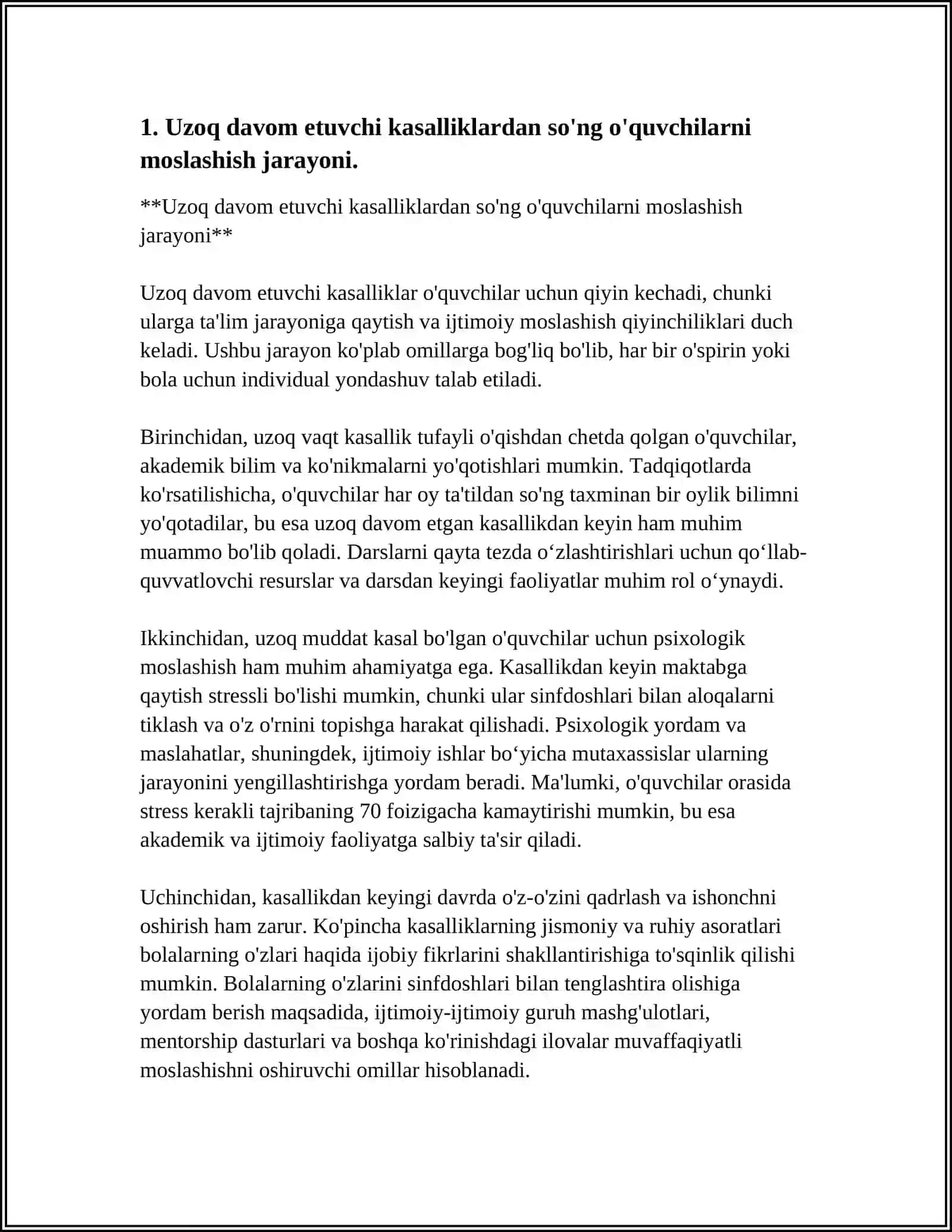 UZOQ DAVOM ETUVCHI KASALLIKLARDAN TUZALGAN OʻQUVCHILARNI UMUMTAʼLIM MAKTABLARIDA OʻQISHGA MOSLASHISHIDAGI PSIXOLOGIK MUAMMOLARNI BARTARAF ETISH TAMOYILLARI 4
