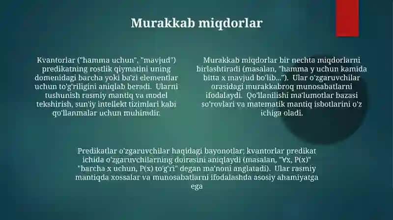 Predikatlar va kvantorlar va ularning amaliy tadbiqlari 4