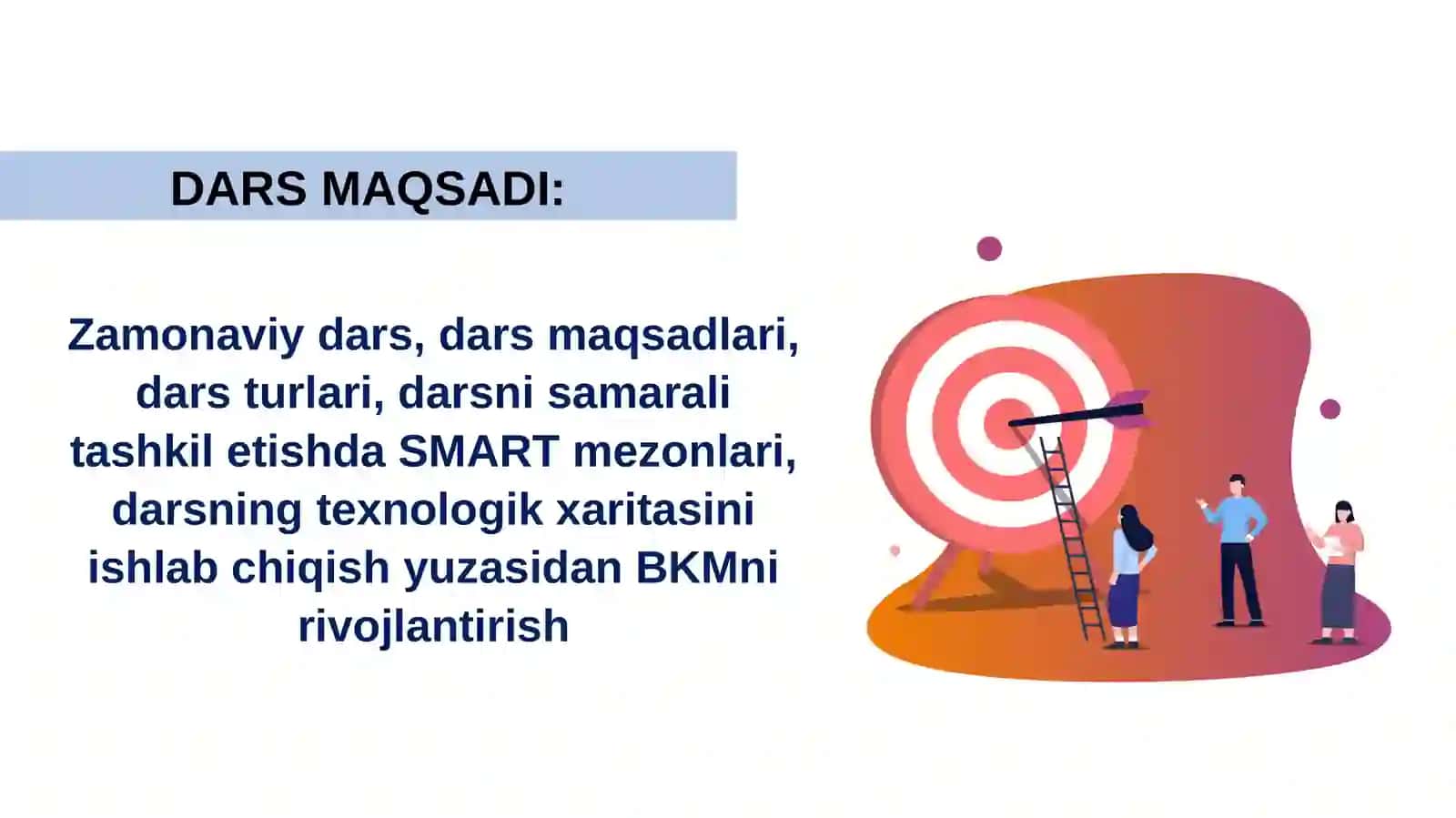 Zamonaviy dars, dars maqsadlari, dars turlari, darsni samarali tashkil etishda SMART mezonlari, darsning texnologik xaritasini ishlab chiqish yuzasidan BKM ni rivojlantirish 4
