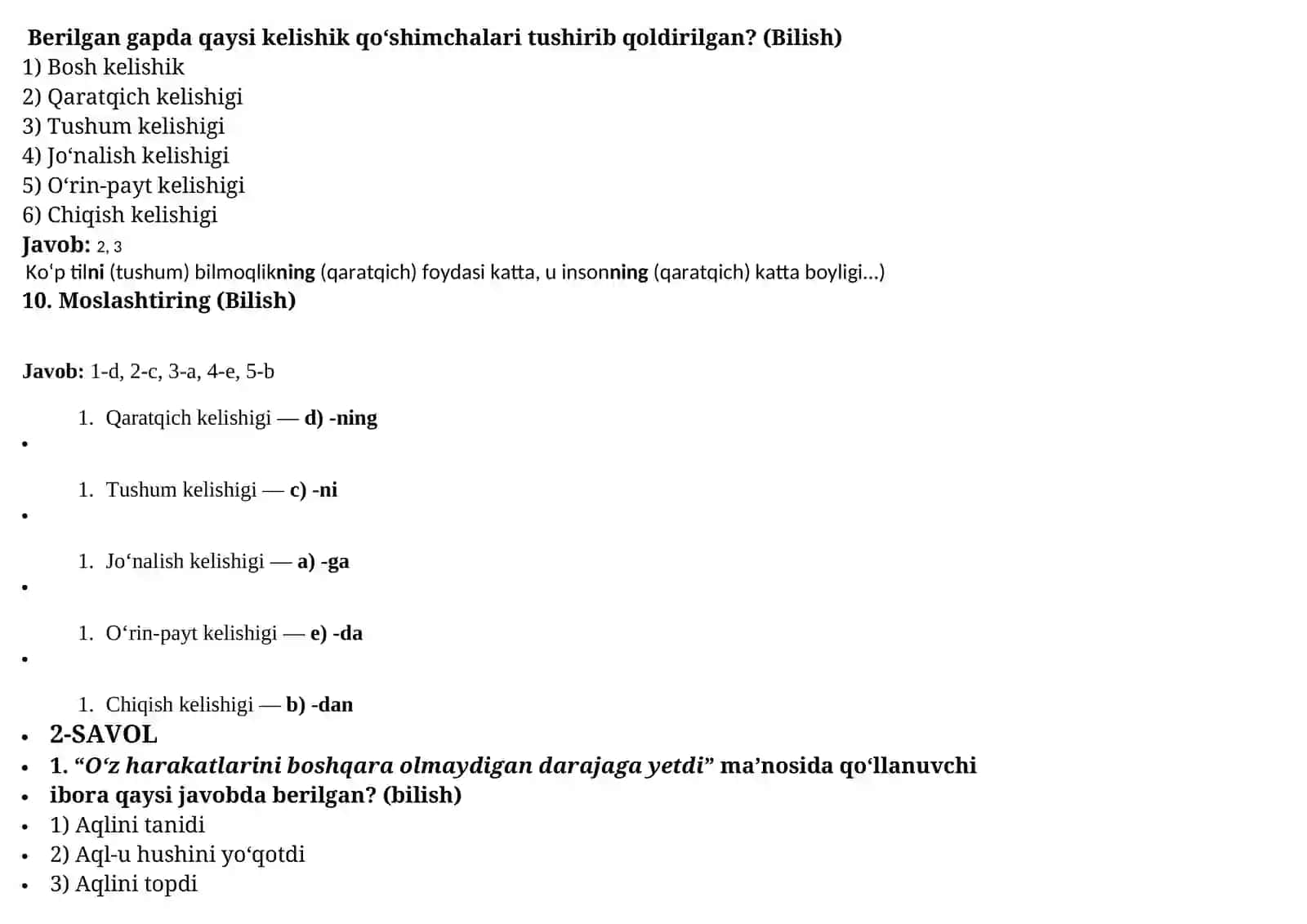 O’ZBEK TILI 11-SINF IMTIXON JAVOBLARI 4