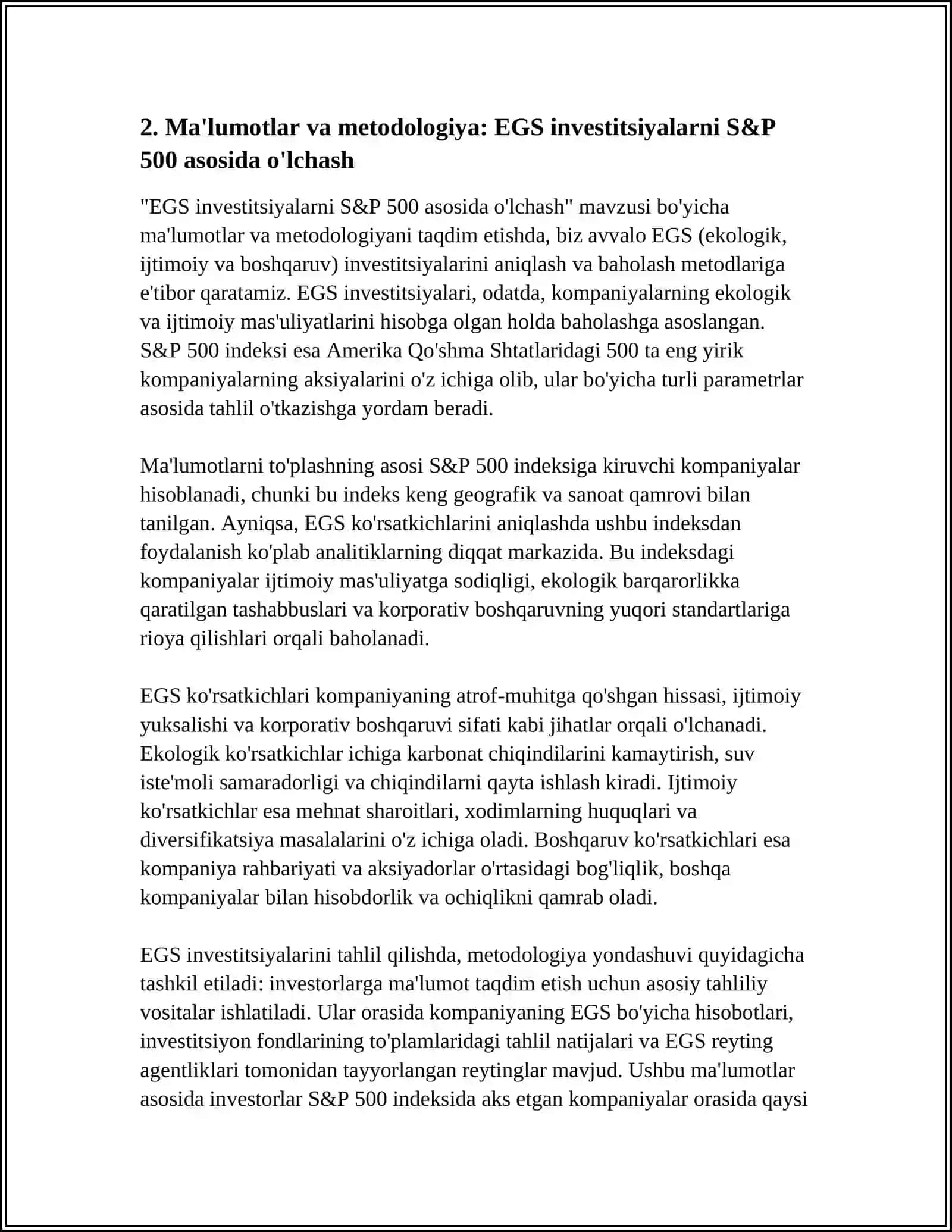 Mavzu: EGS INVESTITSIYALARINING HAQIQIY RENTABELLIGI S&P 500 INDEKSI ASOSIDA 4