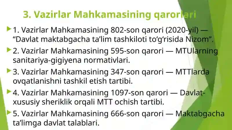 MAKTABGACHATAʼLIMTASHKILOTLARIGA TAALLUQLI ASOSIY NORMATIV HUJJATLAR 4