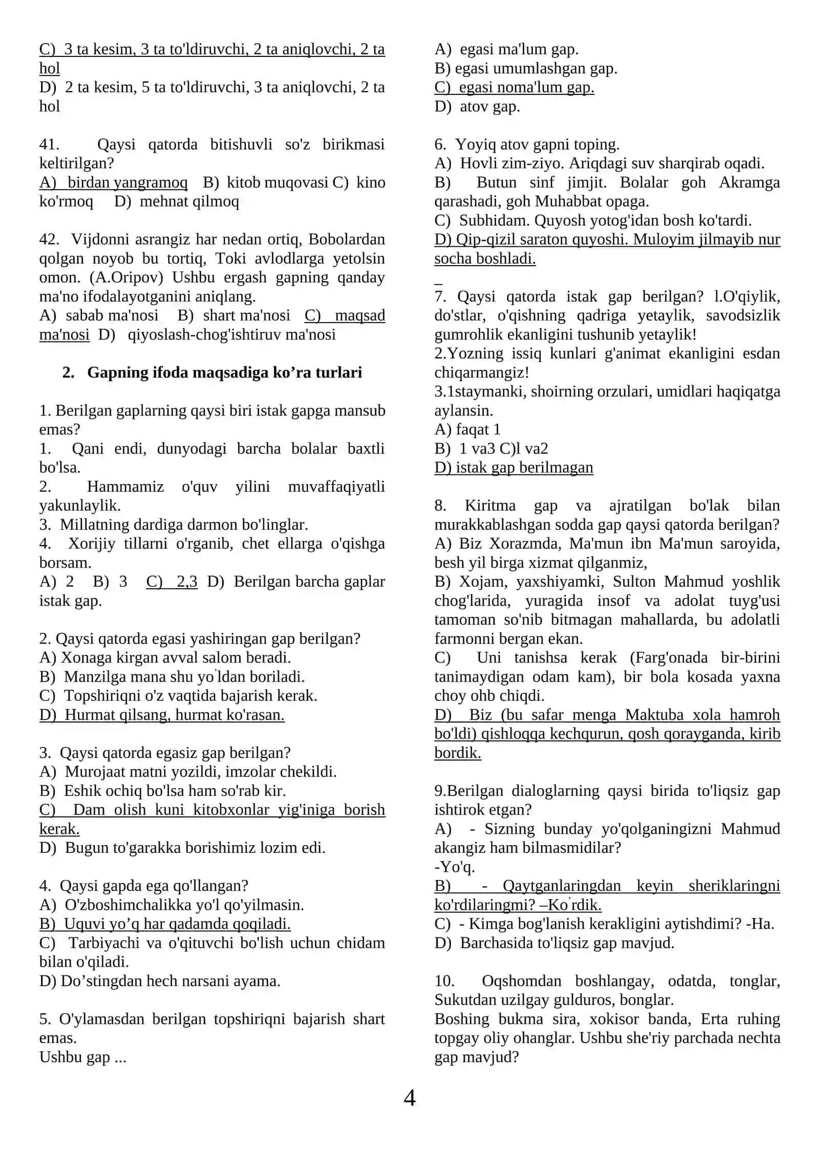 Ona tili fanidan testlar 4