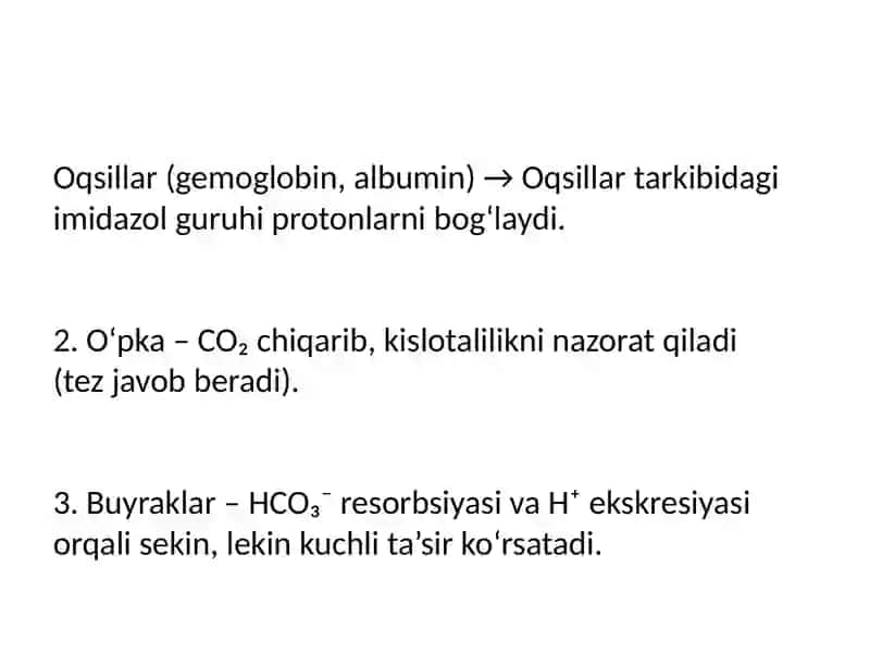 Nafas asidozi, metabolik asidoz, nafas alkolozi, metabolik alkolozlarning kelib chiqishi, biokimyovi 4
