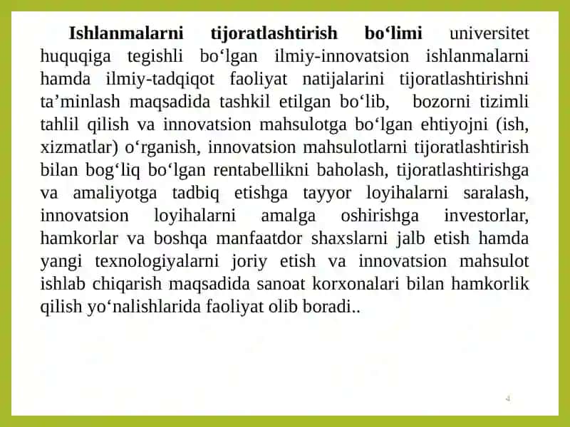 Innovatsiyalarni tijoratlashtirish va texnologiyalar transferi 4