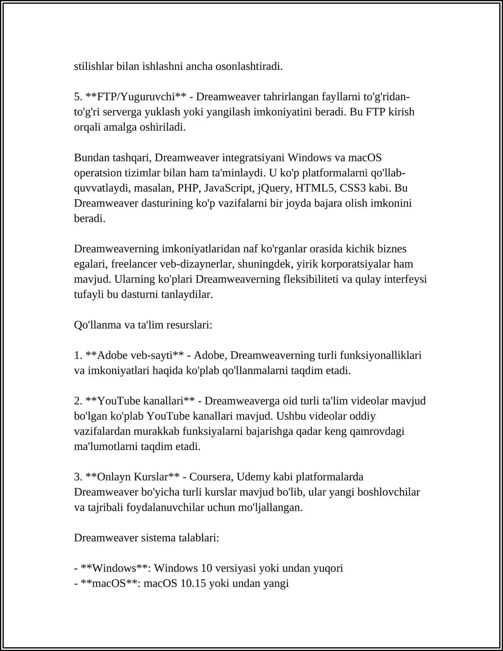WEB SAYTLARNI HOSIL QILUVCHI DASTURLAR. DREAMWEAVER 4